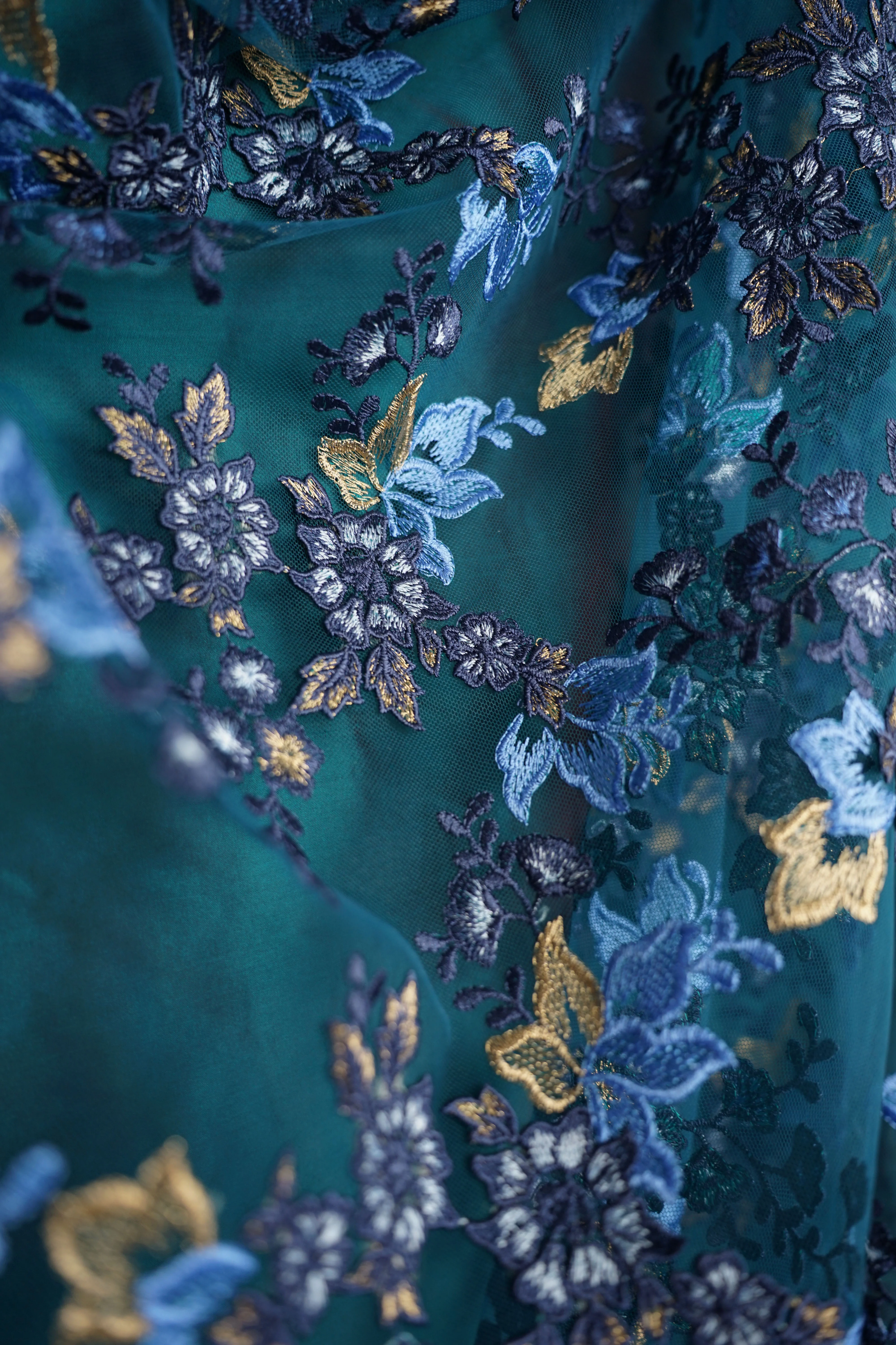Italian - Embroidery - Exclusive - Tulle - Serene meadow - Blue