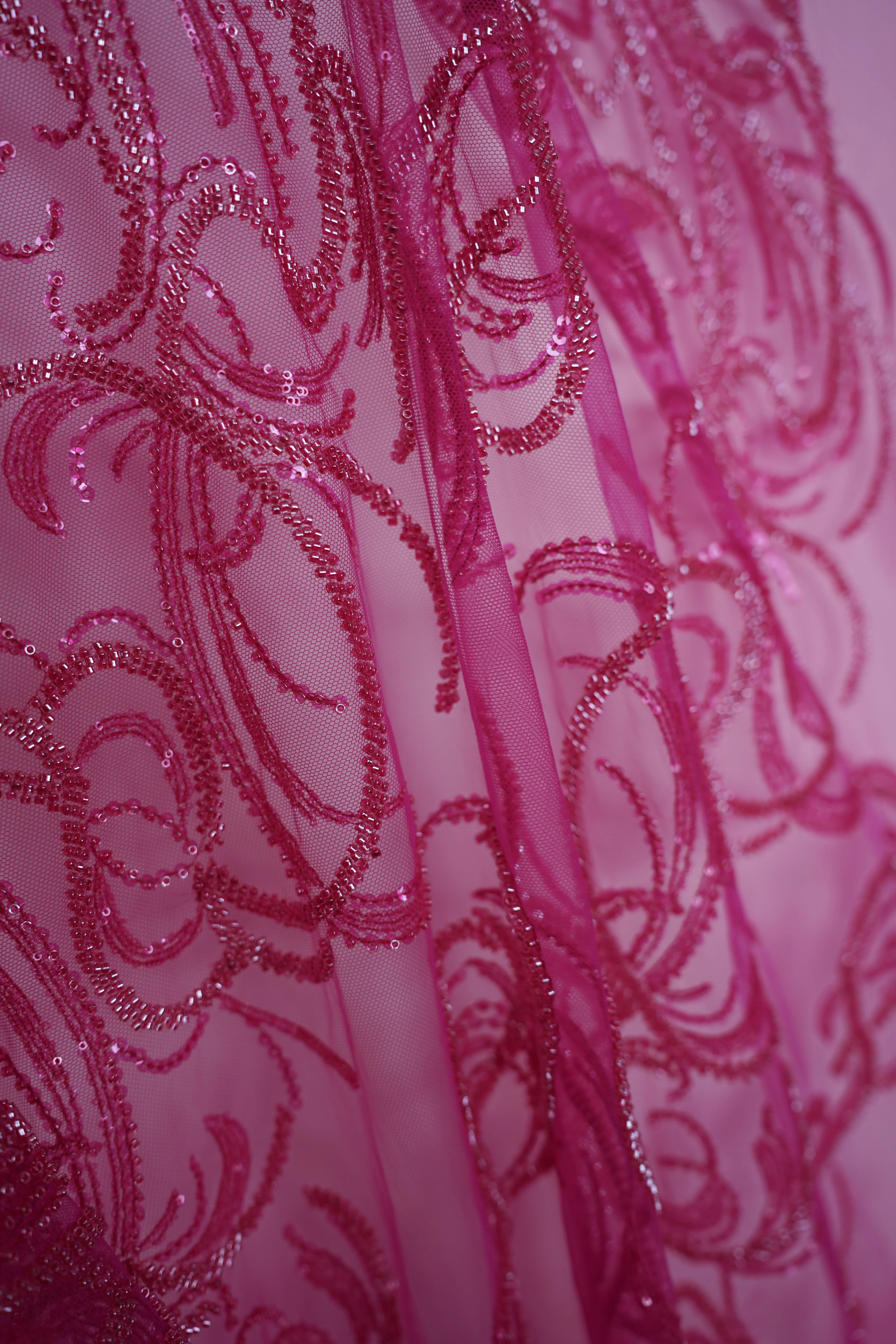 Italian - Exclusive - Pearl embroidery - Tulle - Diamond rain - Magenta - Image 2