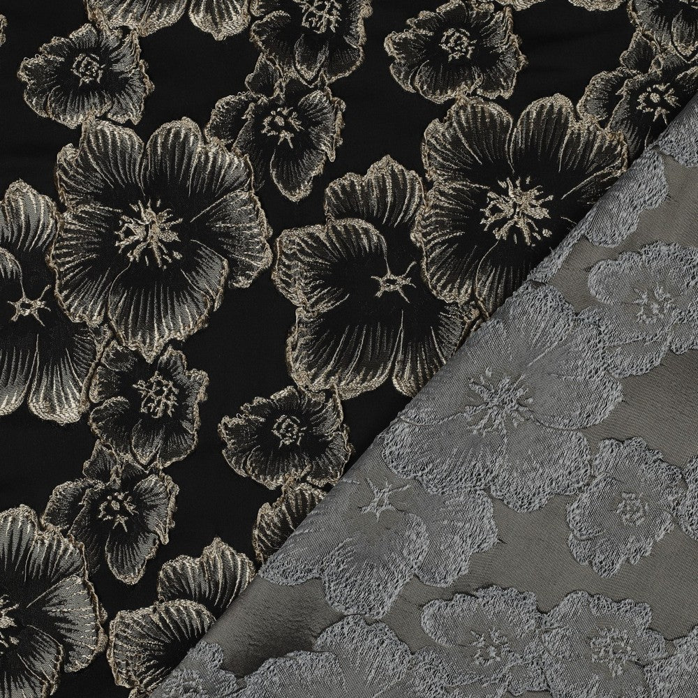 Patterned - Brocade - 3D Flowers - Black, Gold - 001 - Image 3