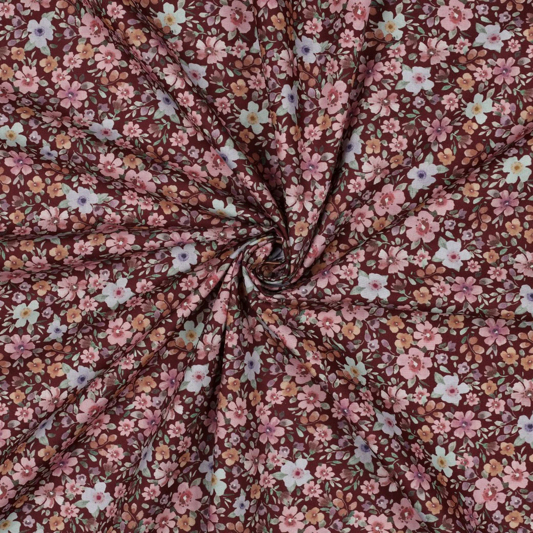 Patterned - Cotton - Poplin - Flowers - Burgundy - 17.021