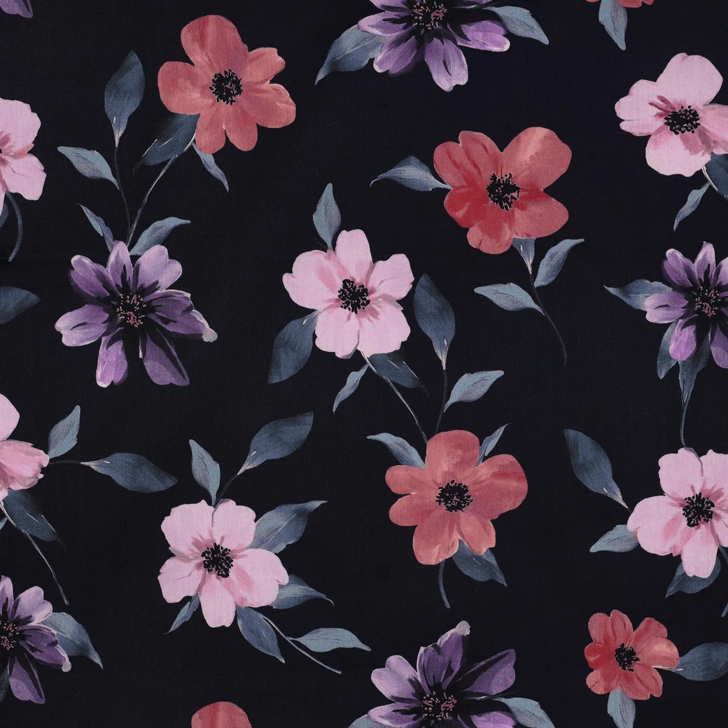 Patterned - Cotton - Viscose - Flowers - Navy blue - 37.003