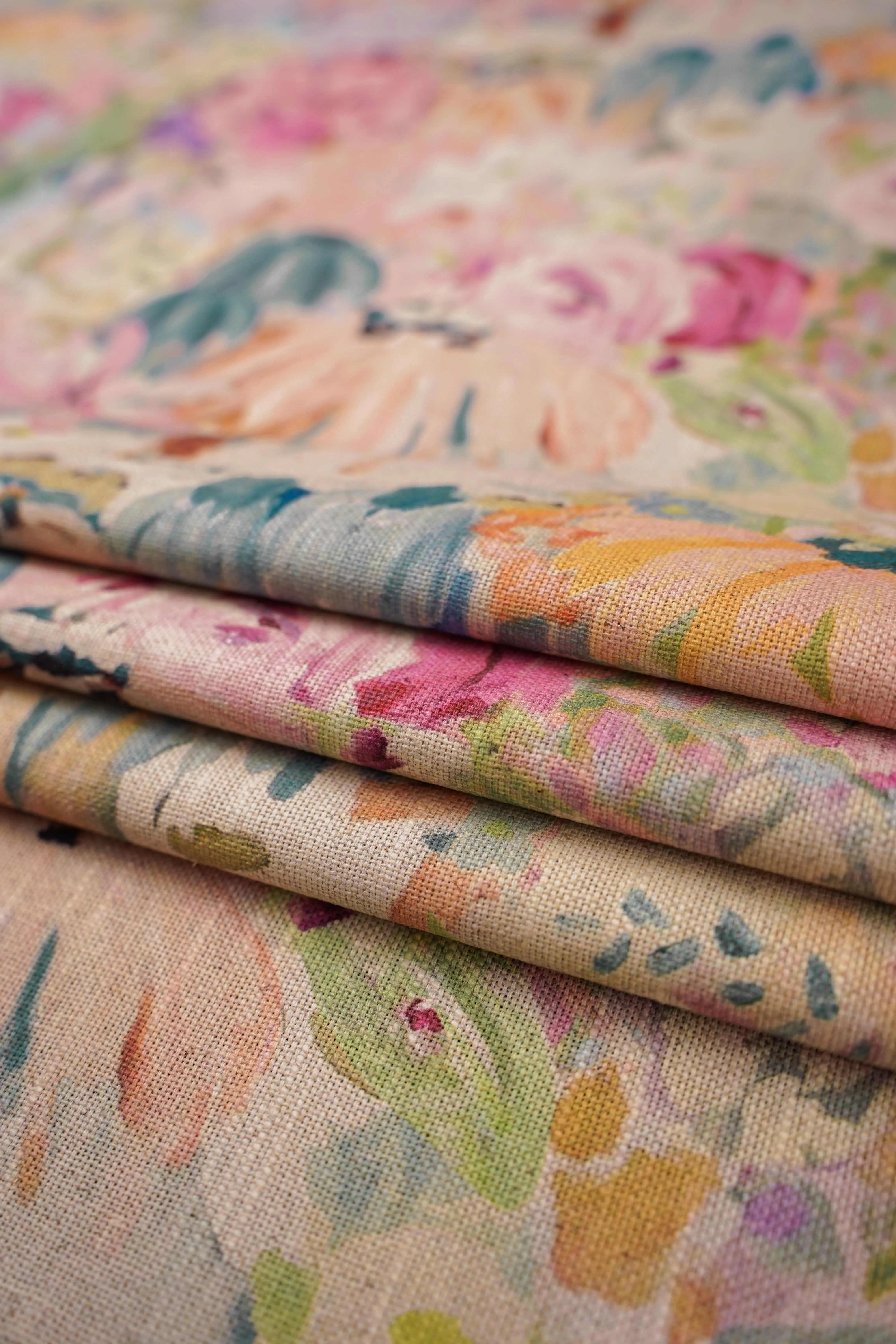 Patterned - Curtain fabric - Furnishing - Cotton/Linen - Floral oil painting - Pink
