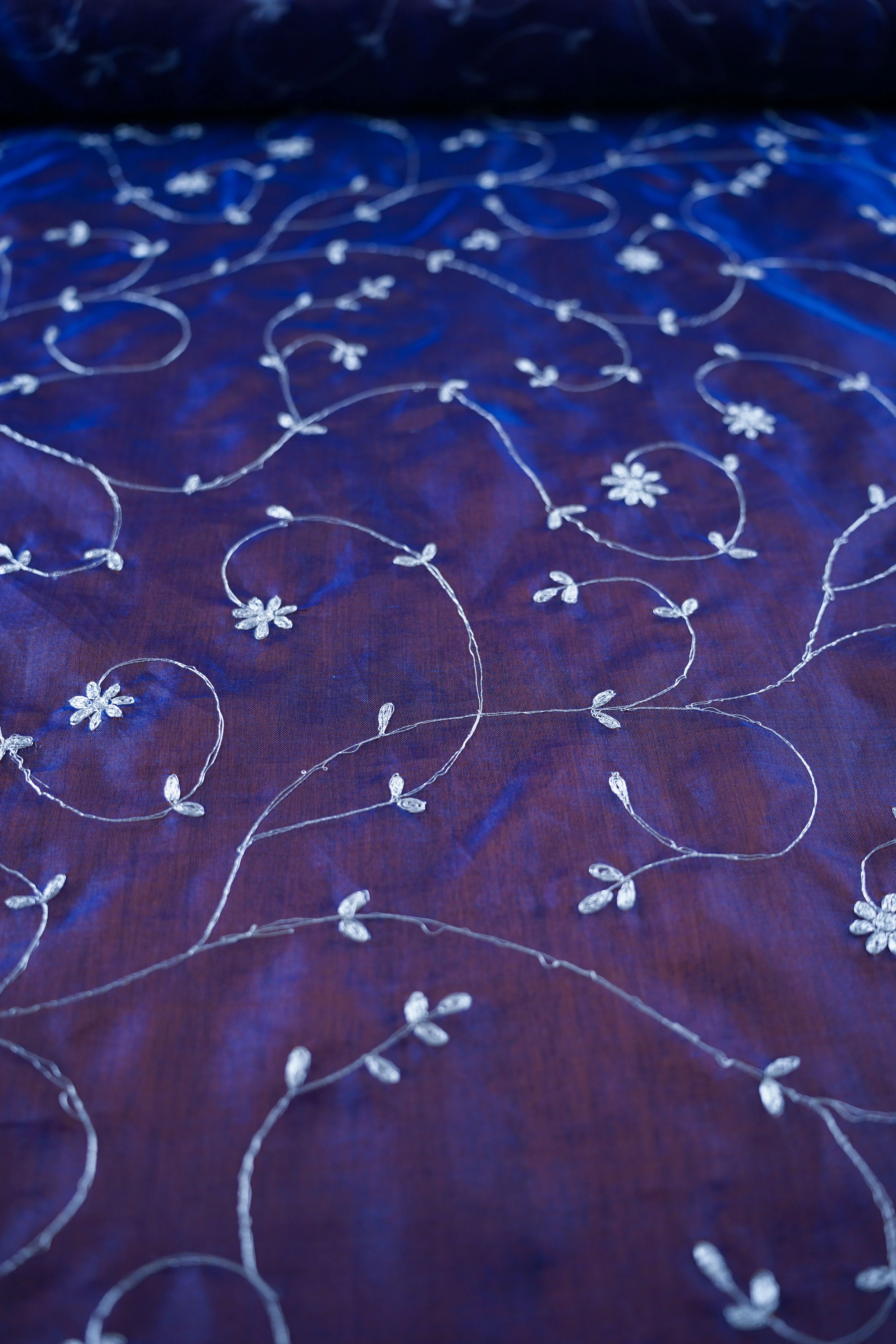 Vintage - Embroidered - Silk Organza - Silver - Blue - VS42 - Image 4