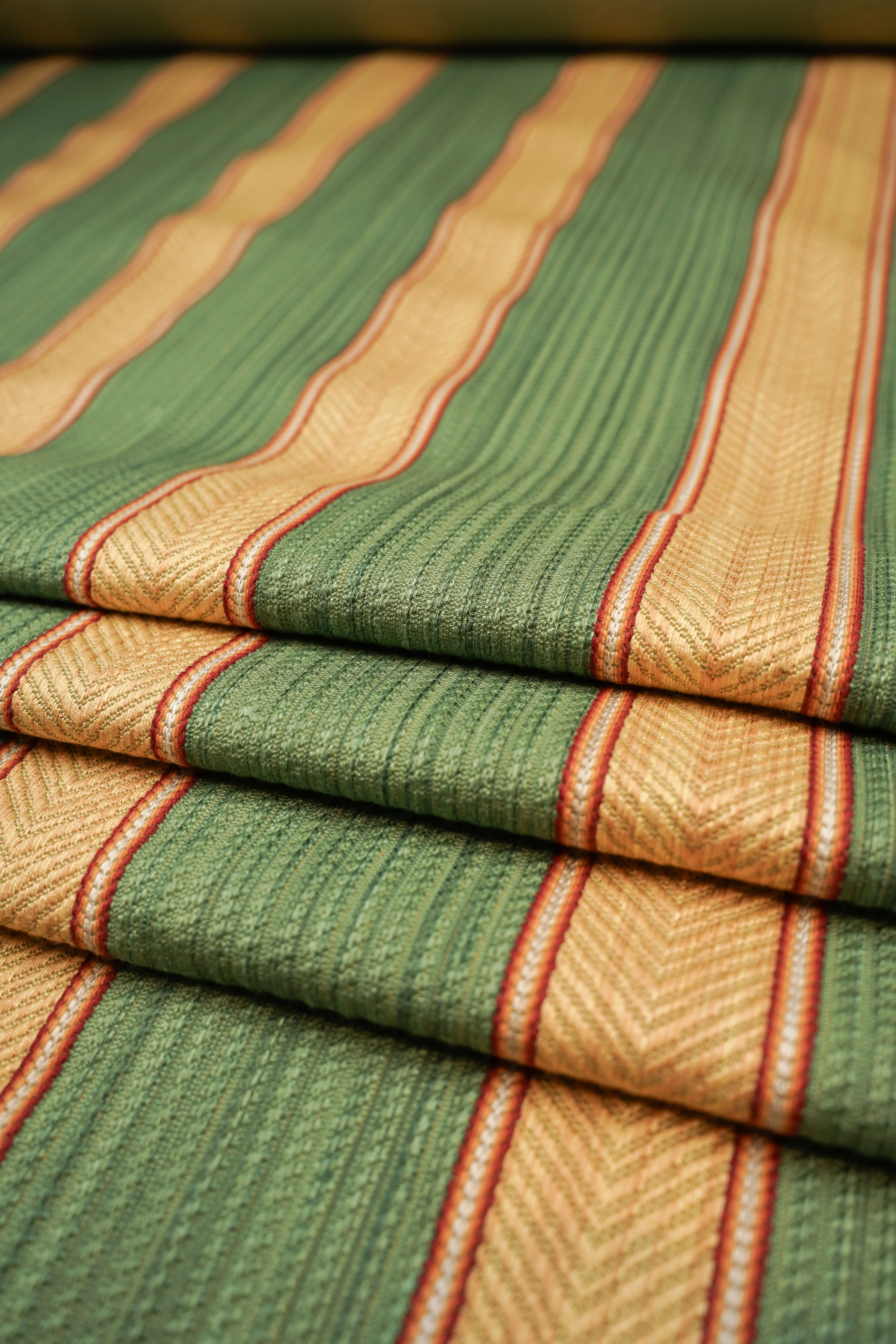 Vintage - Furniture fabric - Cotton - Stripes - Green, yellow - V24