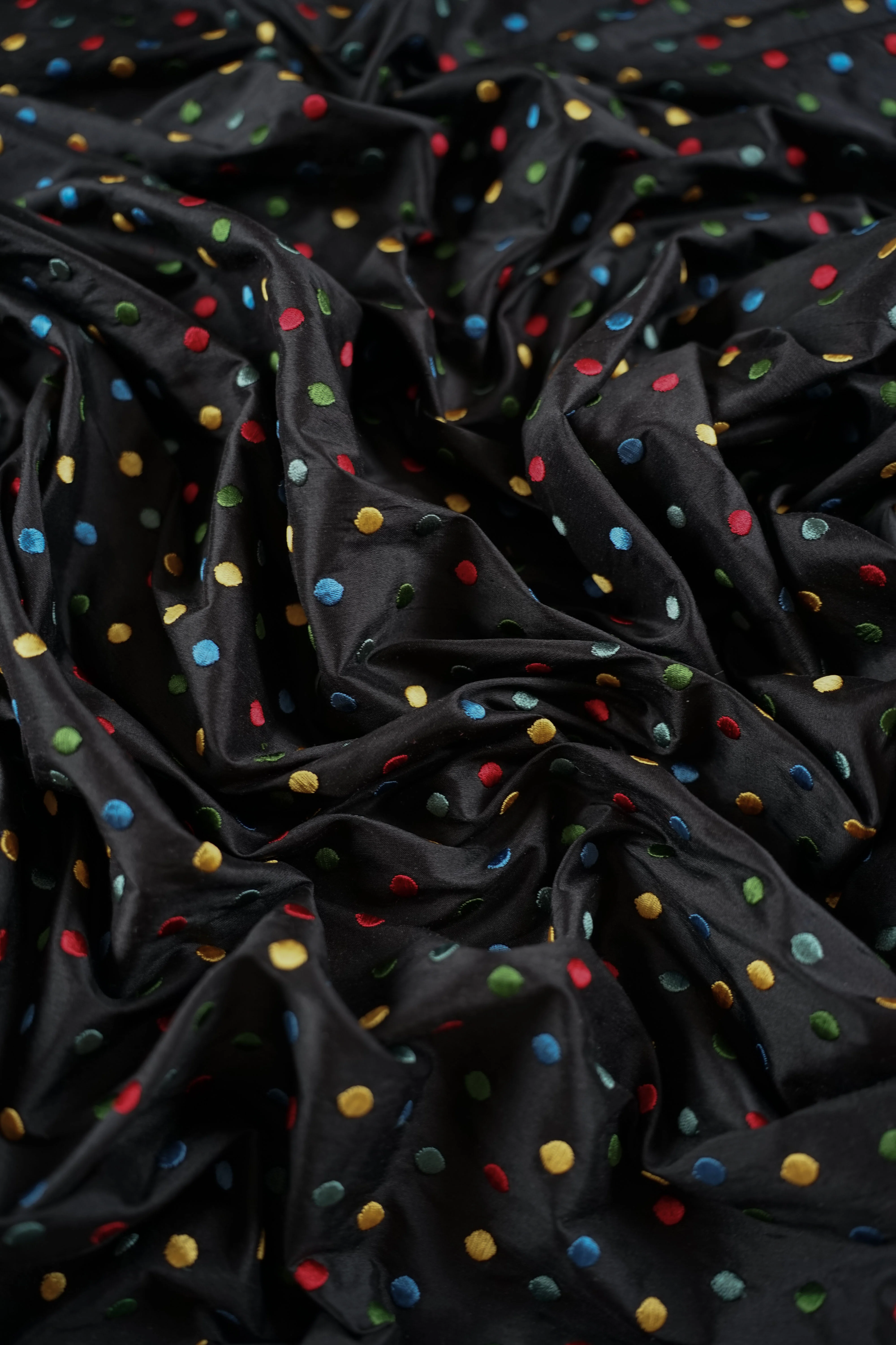 Vintage - Thai Silk - Embroidered - Dots - Polka Dots - Black - VT53
