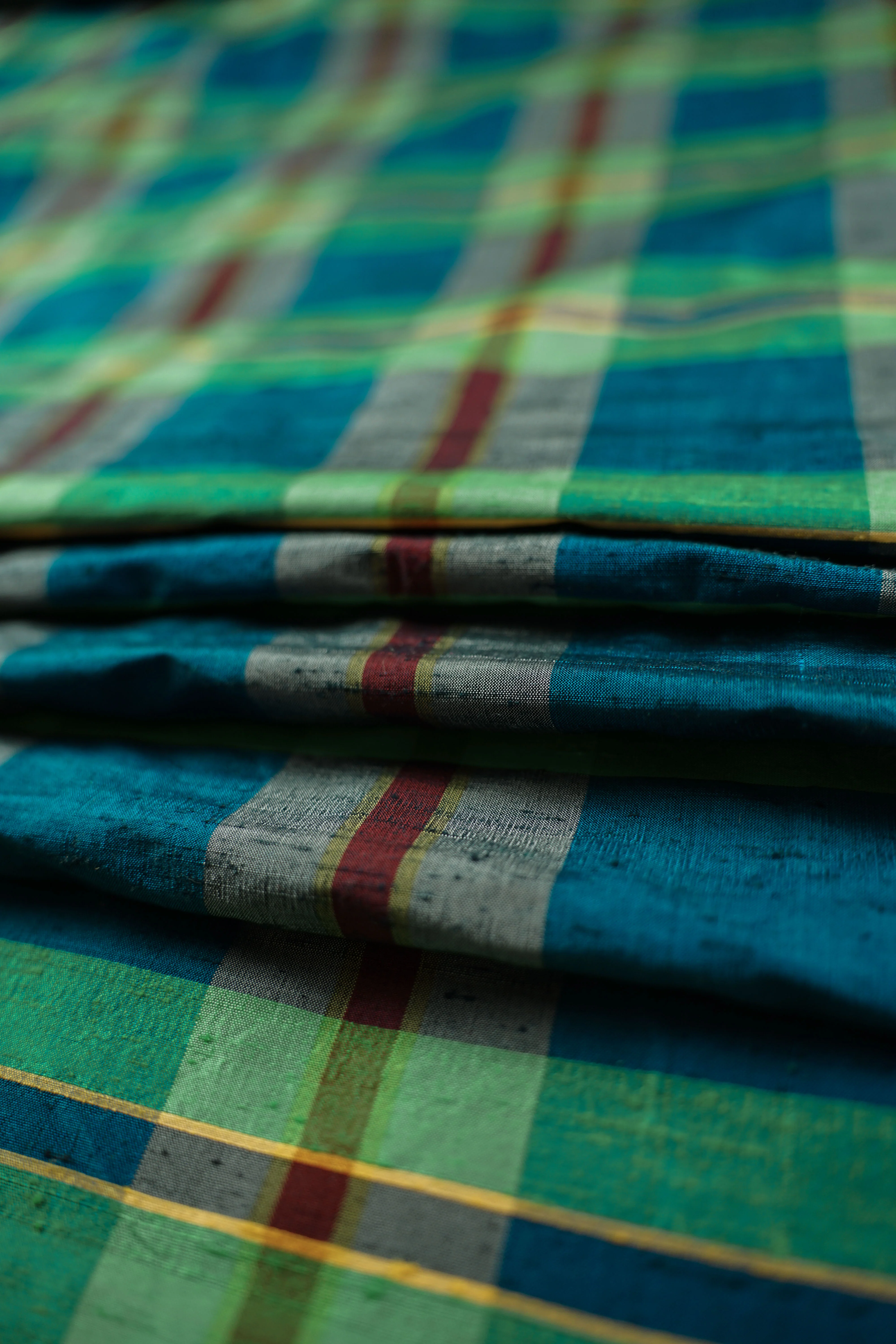 Vintage - Thai silk - Plaid - Green, Blue - VT60 - Image 2